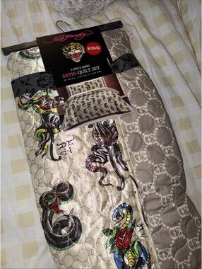 New Ed Hardy King 3-Piece Satin Quilt Set Tattoo Art Snakes Skulls Beige